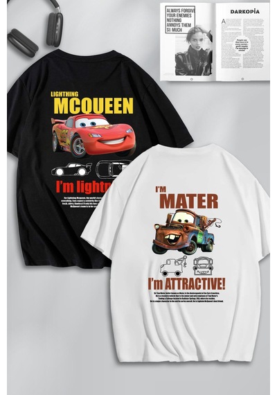 Unisex Cars Şimşek Mcqueen Ve Mater Sırt Baskılı Arkadaş Çift Kombini Tasarım Oversize T-shirt 2li Siyah Beyaz Mck0530 Siyah Beyaz
