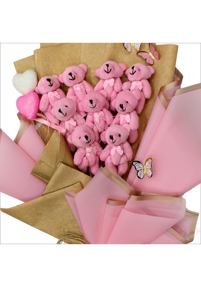 9 Pelüş Ayıcıklı Ve Led Işıklı Buket, 57cm X 45cm - Pembe