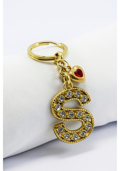 Kırmızı Parlak Kalpli Gold Renkli Kristal Taşlı Metal S Harfi Ana