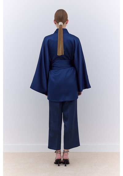Manuka Saten Kemerli Kimono Lacivert