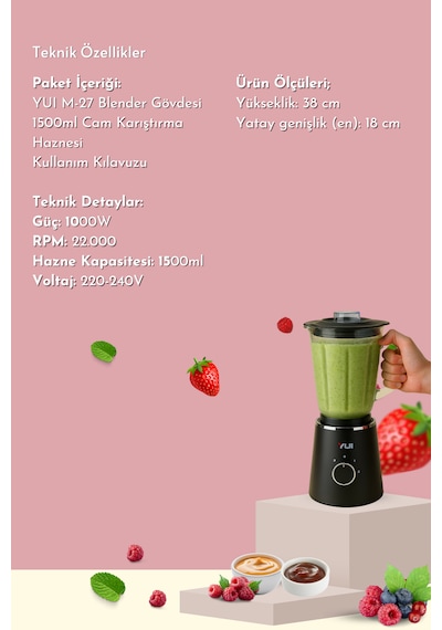 Yui M27 1000 W Cam Hazneli Kişisel Smoothie Blender