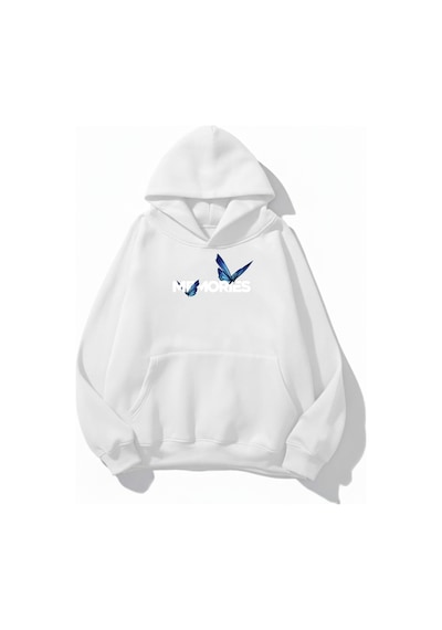 Uyguntarz Unisex Yumuşak Dokulu Butterfly Memories Baskılı Tasarım Oversize 3 İplik Hoodie Sweatshirt beyaz