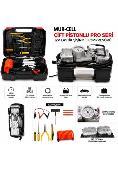 Mur-cell Çift Pistonlu Pro Seri 12v Lastik Şişirme Kompresörü Seti Hava Pompası