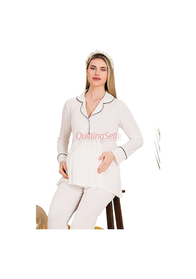 Quilling Lady Ekru Renkli, Kol Ve Paçaları Manşetli, 33202 Uzun Kol, 2 Parça Lohusa Hamile Pijama Takımı M - L