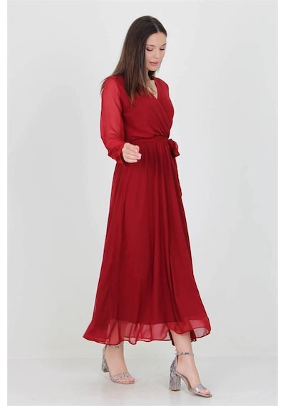 Neşeli Butik Kadın Bordo Yeni Sezon Astarlı Kruvaze Yaka Uzun Şifon Elbise Nb003 Bordo