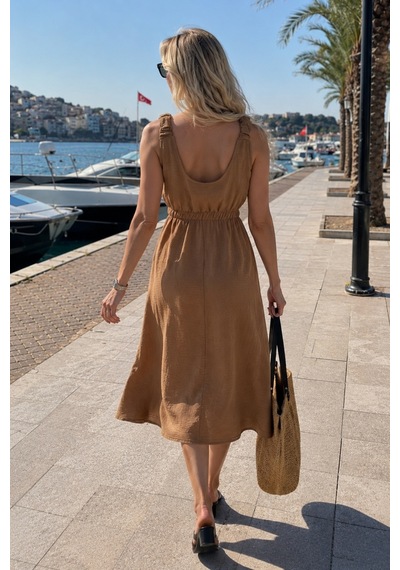 Armonika Kadın Camel Beli Ve Askıları Lastikli Cepli Keten Görünümlğ Midi Boy Elbise Arm-24y001034 Armonika Kadın Camel Beli Ve Askıları Lastikli Cepli Keten Görünümlğ Midi Boy Elbise Arm-24y001034