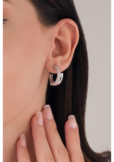 20 Mm Gümüş Beyaz Zirkon Taşlı Boru Yarım Halka Küpe