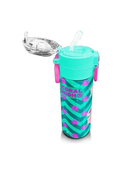 Coral High Kids Su Yeşili Pembe Flamingo Desenli Pipetli Ve Direkt İçim Çelik Termos 500 Ml 31820 Su Yeşili