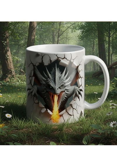 Ejderha 3d Kırık Duvar Tasarımlı Kupa Fantastik Temalı Kahve Kupası Beyaz