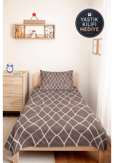 Vizon Geometrik Modern Genç Odası Tek Kişilik Pike Takımı - Minimal 160x220 Cm Kapitone Yatak Örtüsü Melez Kadife Kırığı