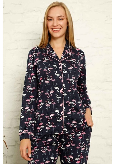 Alimer Filamingo Desen Kadın Uzun Kollu Pijama Takım Edy2607Uy-L