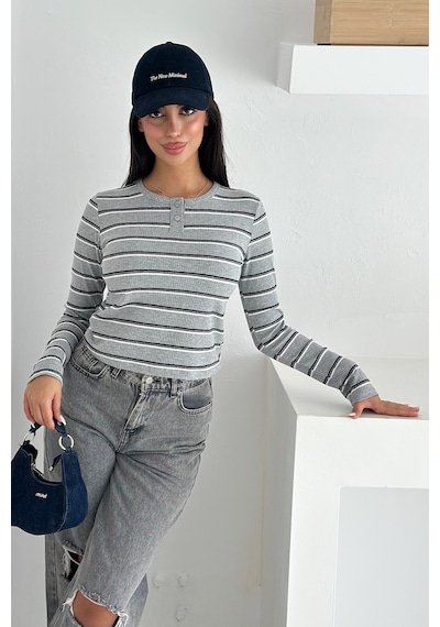 Noa & Noa Kadın Çizgili Düğme Detaylı Bluz Retro Stripe Gri