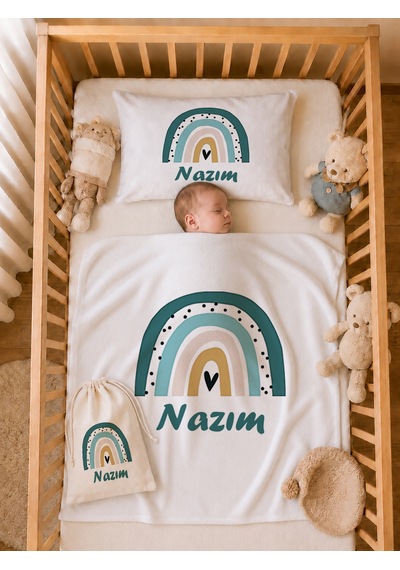 Pia Baby İsme Özel %100 Pamuk Erkek Bebek Yastık Battaniyeli Tulum Set Kese Hediyeli 1092tybk0x Krem