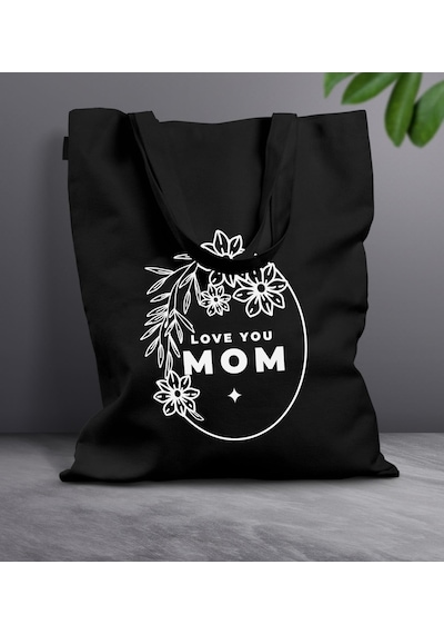 Bk Gift Anneler Günü Tasarımlı Siyah Kumaş Bez Çanta, Baskılı Omuz Çantası, Alışveriş Çantası, Anneler Günü Hediyesi, Anneye Hediye-4 Siyah