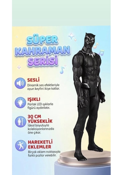 Avengers Süper Kahramanlar Serisi Black Panther 30 Cm Sesli Işıklı Hareketli Eklemli Figür Oyuncak