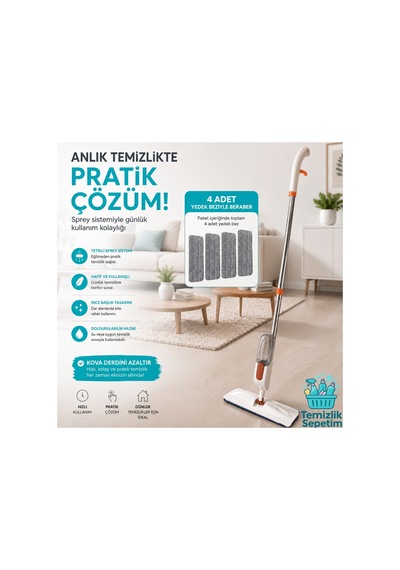 Spreyli Mop Seti +4 Yedek Mop, Portatif Cırt Cırtlı Mikrofiber Bezli