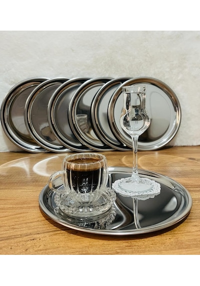 6 Adet Lüx Gümüş Paslanmaz Çelik Yuvarlak Çay,kahve,pasta Servis Tepsisi Sunum Tepsisi 21.5 Cm Çok Renkli