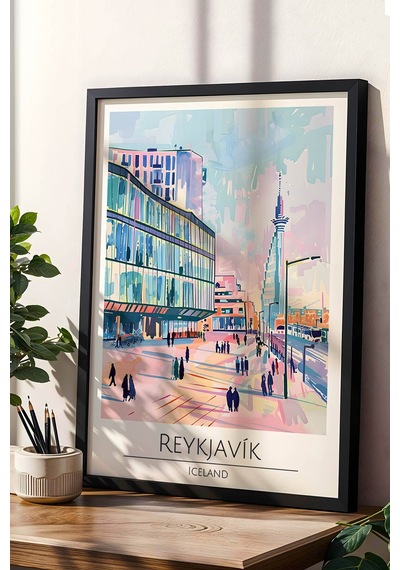 İzlanda Reykjavik Temalı Çerçeveli Tablo Travel Serisi Modern İllüstrasyon Şehir Duvar Dekoru Siyah