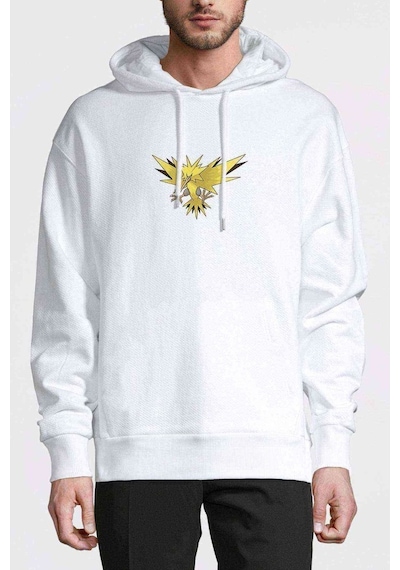 Pokemon Zapdos Baskılı Beyaz Erkek Örme Kapşonlu Sweatshirt