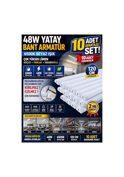 10 Adet -48w 120cm Led Lineer Bant Armatür Beyaz Işık Otopark Mağaza Ofis Aydınlatma Flöresan,yatay Bant Armatür 6500k Beyaz Işık Sıva Üstü Tavan Aydınlatması