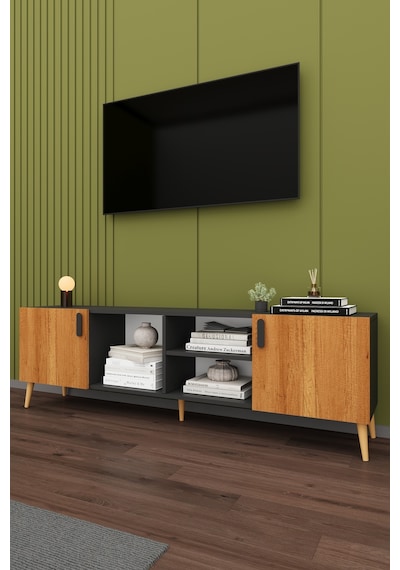 Asra Trend Tv Ünitesi T-13 %100 MDF 180 cm Tv Sehpası Dolaplı Raflı Petra-Koyu Gri