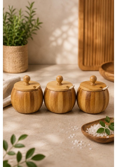 Bambu Baharatlık Seti 3'lü Kapaklı Kaşıklı Tuzluk Şekerlik Saklama Kabı Doğal Ahşap Organizer
