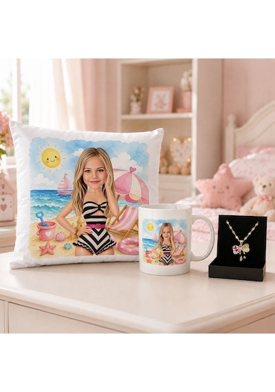 Bk Gift Kişiye Özel Karikatürlü Oyuncak Bebek Tasarımlı Kırlent Yastık & Beyaz Kupa & Kolye -4 Kız Çocuklarına Özel Hediye Seti