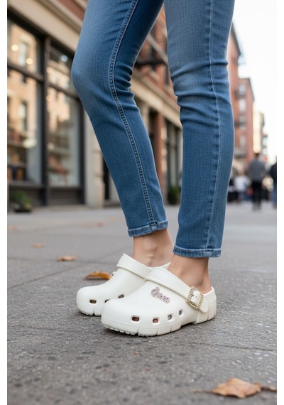 Calx Kadın Önü Kapalı Sabo Terlik Tokalı Rahat Günlük Crocs Tarzı Hafif Taban Terlik Bnt215 Bej