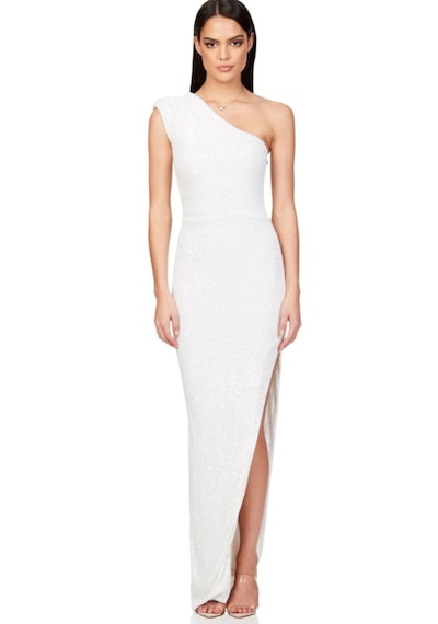 Hanife Glam Couture Tek Omuz Büzgü Detaylı Pulpayet Abiye Elbise Beyaz