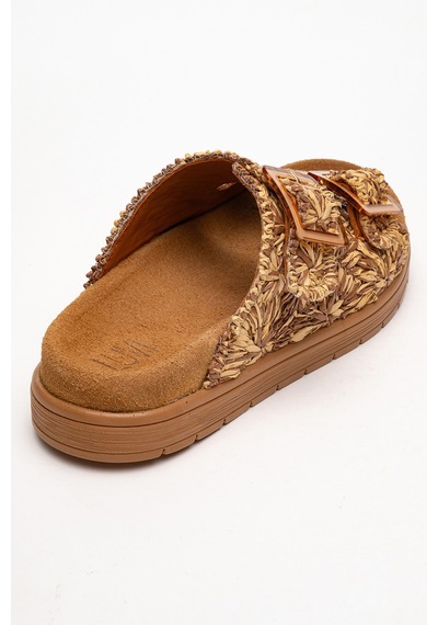 Luvishoes Luvi Shoes Mılana Taba Desenli Hakiki Deri Tokalı Çift Bantlı Kadın Terlik Taba