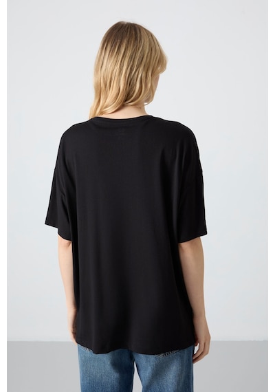 Tommy Life Siyah Penye Modal Yumuşak Tuşeli Oversize Fit Basic Kadın T-shirt- 97285 Siyah
