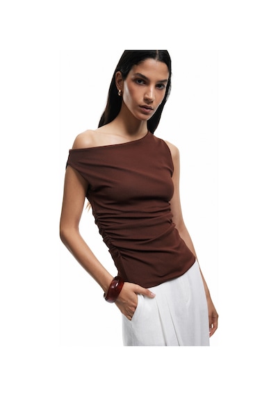 Koton Asimetrik Yaka Slim Fit Kolsuz Drapeli Bluz Kahverengi 5sal30355ık Kahve