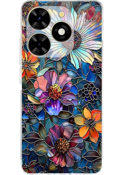 Printify Tecno Spark 20 İle Uyumlu Vitray Mücevher Flora Tasarımlı Şeffaf Silikon Kılıf Şeffaf