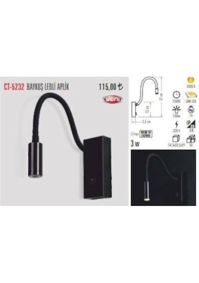 Siyah 3w Baykuş Led Aplik Aydınlatma Armatür Ct-5232 Siyah