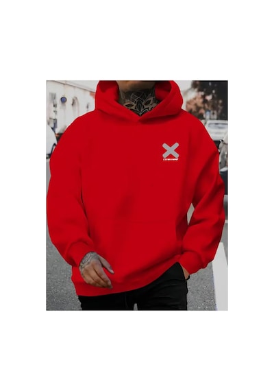 Herkesemoda Göğüs Baskı Detaylı Kapüşonlu Sweatshırt Kırmızı
