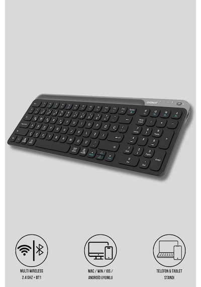 Everest Kb-bt90 Bluetooth+ 2.4ghz Telefon Tablet Standlı Şarjlı Q Mac/win/android/Apple Uyumlu iOS Kablosuz Q Klavye