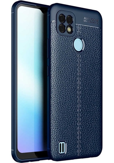 Kilifone - Realme C21 Uyumlu Kılıf Deri Dikiş Görünümlü Niss Karbon Silikon Kapak - Lacivert - T17288