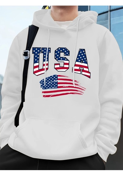 Startmore Tarzsokak Abd Amerika Bayrağı Baskı Erkek Tişörtü Kış Polar Sıcak Kapüşonlular Temelleri Büyük Boy Cep Beyaz