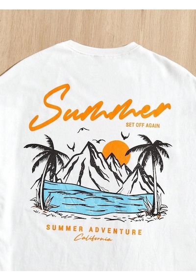 Unisex Beyaz Oversize Summer Baskılı Örme T-shirt Beyaz