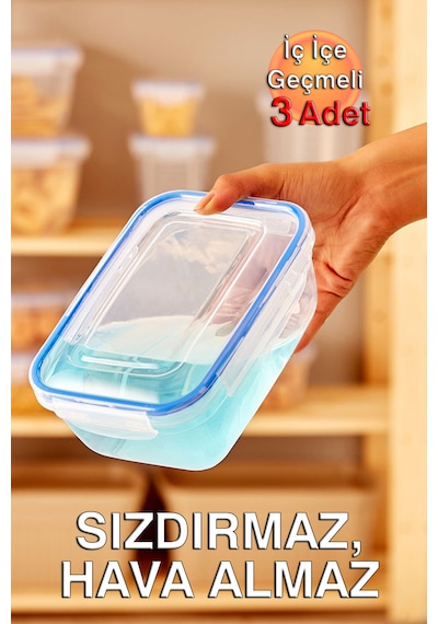 Lock&fresh Contalı Dikdörtgen Saklama Kabı 400, 800, 1400ml Üçlü Set Mavi