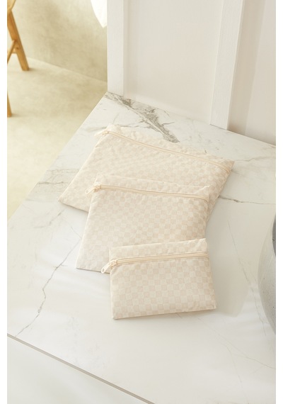 Ocean Home Textile 3'lü Su Geçirmez Pvc Astarlı Bej Dama Desen Islak Kuru Çantası 20 X 13 / 24 X 20 / 30 X 24 Cm
