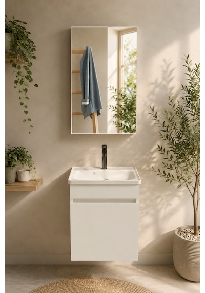 Şefaatli 45 Cm Mdf Seramik Meşe Lavabolu Aynalı Banyo Dolabı Beyaz