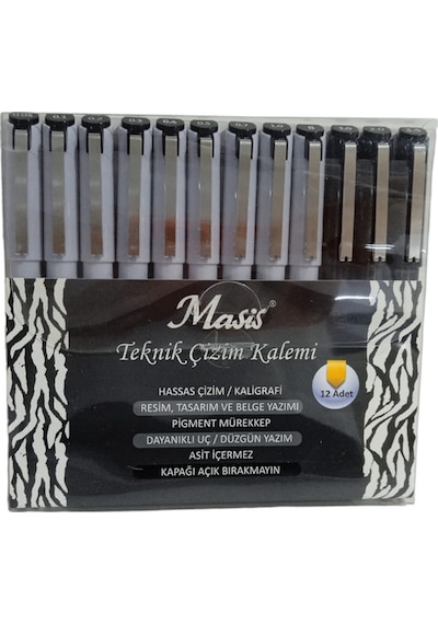 Teknik Çizim Kalemi Seti Siyah Yuvarlak- Fırça - Kesik Uç 12'li Paket Set