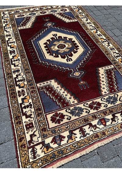 El Dokuma %100 Yün Yahyalı Halısı 100x157 Bordo Mavi Kök Boya Bordo