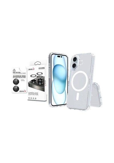Vendas Apple iPhone Uyumlu  16 Plus Kılıf Magsafe Şarj Özellikli Şeffaf Sert Pc Zore Embos Kapak + Safir Kamera Lens Koruyucu