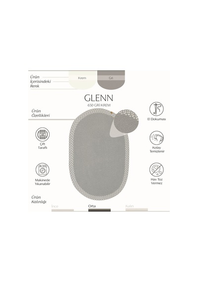 Cool Halı Glenn Gri Krem Oval Pamuklu Kilim El Dokuması Örgü Çift Taraflı Yıkanabilir Mutfak Kilimi
