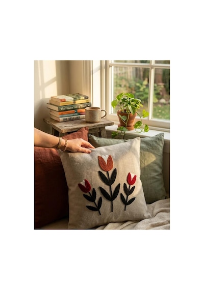 Punch Nakış Kırlent Kılıfı 2'li 40 Cm X 40 Cm Açık Kahverengi - Gri
