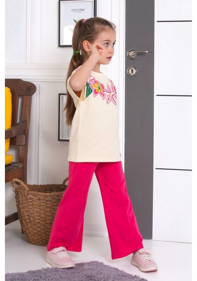 Tunays Shopping İspanyol Paça Tayt Pantolon Çiçek Baskılı Oversize Tshirt Kız Çocuk Alt Üst Takım Fuşya