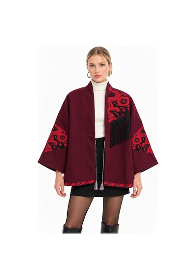 Saade Bordo Etnik Çiçek Nakışlı Püsküllü Kimono Ceket