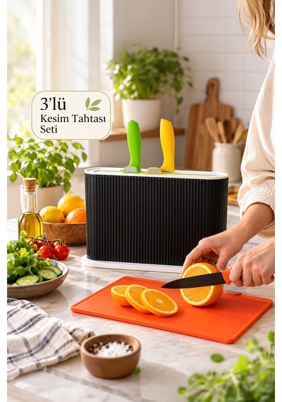 Porsima 1075 3 Bıçaklı Standlı Çoklu Kesme Tahtası Seti Siyah - Beyaz